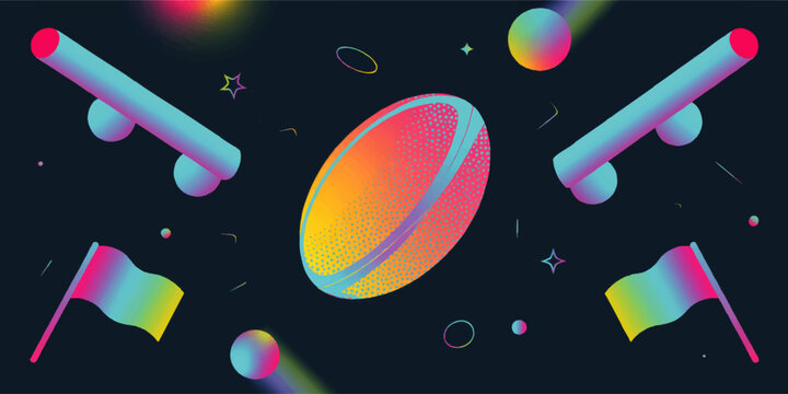 Neon rugby championship banner with glowing ball, goal posts and flags on dark background, futuristic sports illustration