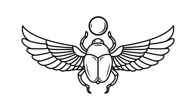 Egyptian winged scarab beetle vector icon, minimalist black line art illustration of an ancient sacred symbol with sun disk, hand-drawn outline design for tattoo, logo, or graphic element.