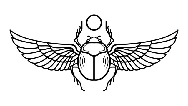 Minimalist black line vector illustration of an ancient Egyptian scarab beetle with spread wings and a sun disk, hand-drawn outline icon representing rebirth, protection, and mystical mythology.