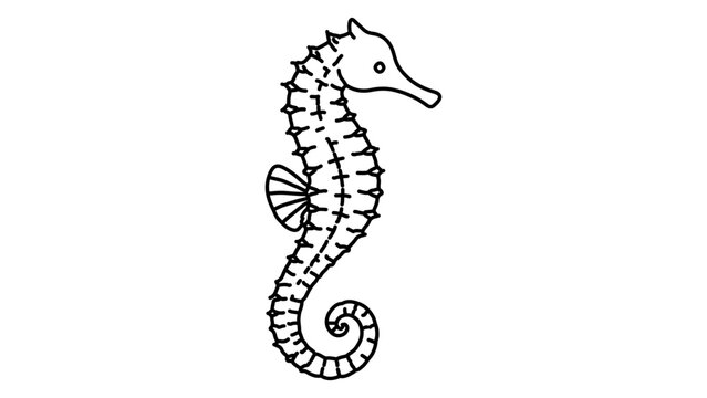 Seahorse Minimalist Black Line Vector Icon on a White Background, Featuring a Curled Tail and Hand-Drawn Detail, Perfect for Marine Life Designs with Editable Stroke and Scalable Outline.