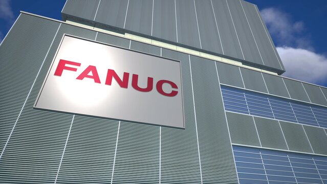 FANUC robotics and automation plant sign, illustrative editorial 3d rendering