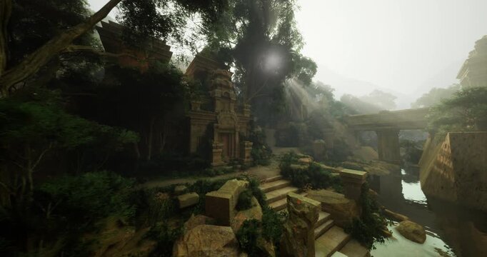Foggy stone bridge over calm river, towering trees line banks, diffused light beams slice through mist, ancient arch blends with cliffside, rugged pathway