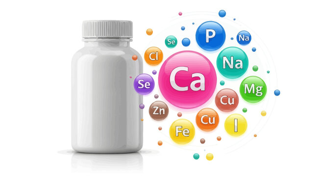 Calcium Supplement Bottle with Essential Minerals and Vitamins Icons