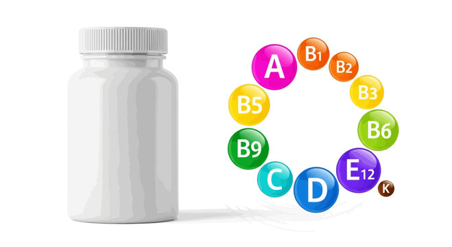 Vitamins bottle and colorful vitamin circle chart isolated on white background