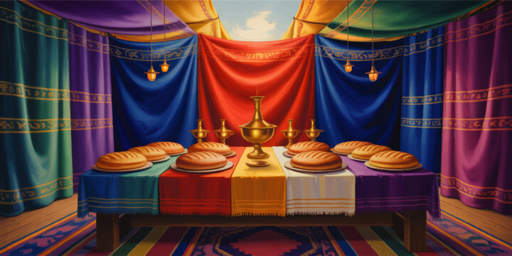 Colorful biblical tabernacle interior with ceremonial bread, golden lamp vessels, rich drapery and sacred worship setting