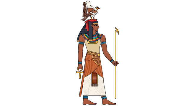 Ancient Egyptian Goddess Isis with Falcon Headdress Holding Ankh and Staff