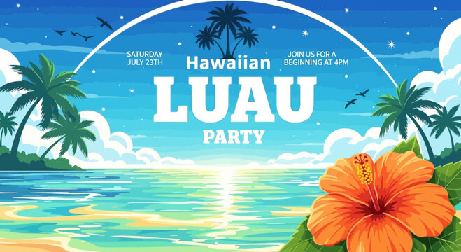 Hawaiian Luau Party Invitation with Tropical Beach, Palm Trees, and Hibiscus Flower