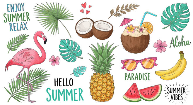 Summer Vibes: Tropical Flamingo, Pineapple, Coconut Drink, Sunglasses & Watermelon Slices