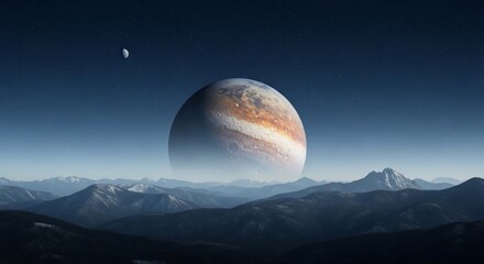 Cosmic vista with planet and moon above mountain range against dark sky
