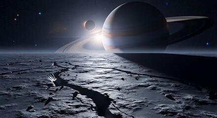 Cosmic vista of gas giant planets with rings and celestial bodies in space