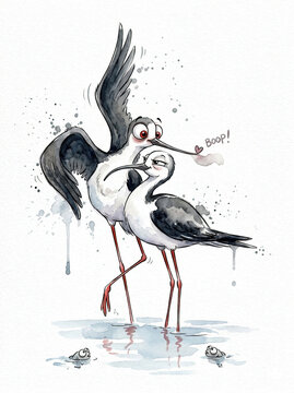 A watercolor illustration of Black-winged Stilts (Himantopus himantopus) courting in the water.