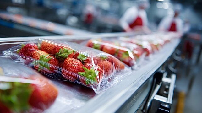 Strawberries packaged in plastic trays moving along a conveyor belt, representing food factory automation, quality control, and safe industrial fruit processing with workers in background