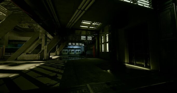 security checkpoint corridor with surveillance panels and stamped floor, tactical lighting and observation ports creating guarded industrial corridor feel