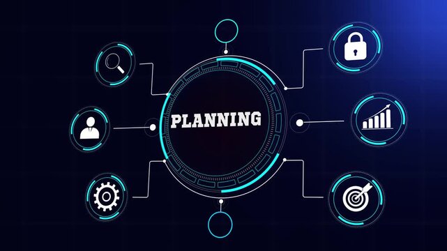 Modern corporate business planning and growth strategy visualization, high tech glowing hud elements with seamless blue animation for industrial projects