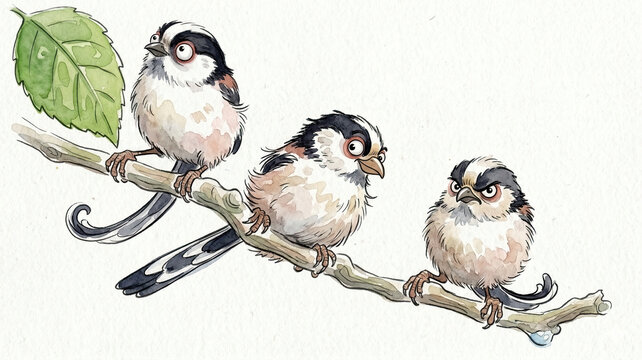 A watercolor-style caricature of three cute and playful long-tailed tits (Aegithalos caudatus) perched on a branch.