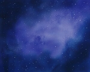 Fototapeta premium Watercolor starry sky with soft blue and purple tones. Celestial abstract background with scattered stars and cloudy texture. Dreamy cosmic illustration for wallpaper, cards, prints, design projects