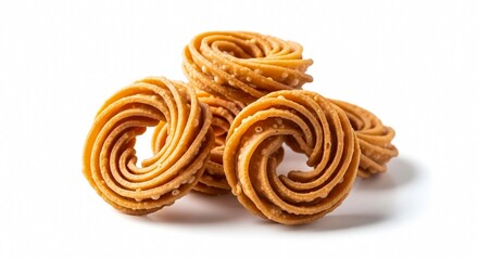 Fototapeta premium Pile of golden crispy spiral-shaped fried savory snacks, a delicious and traditional crunchy delicacy often enjoyed during celebrations and as a tea-time treat