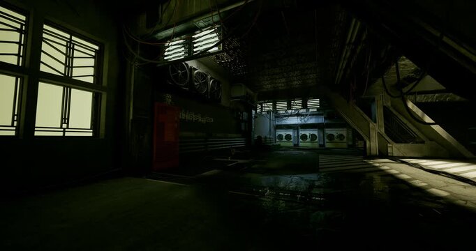 empty station concourse under dim glow, bench rows and shuttered kiosks, control panels and shadowed staircases, cinematic stillness suggesting overdue