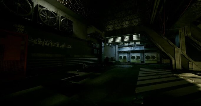 dim service mezzanine framed by skylight panels and scuffed railings. inspector route suggested by red signage, utility ladders and access platforms, quiet hum