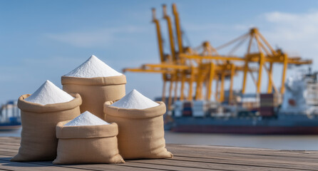 Naklejka premium Stacked Fertilizer Bags Near Industrial Port Represent Rising Urea Prices and Agricultural Supply Chain Pressure
