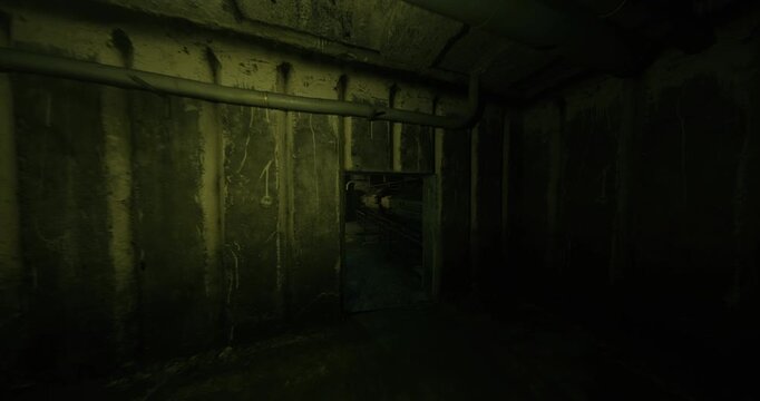 dark maintenance bay with workbench, flickering green light, scattered tools, metal shelves and locked cabinets, dusty crates under scaffolding, oil stains