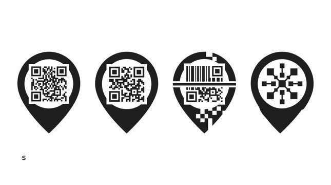 Location Pin QR Code Marker Icon Set With Map Navigation Destination Symbols And Vector Pointers