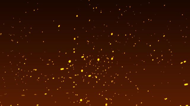 Particles flying in wind fire background Animation, Bright glowing fire particles rising fast in fiery sky with smoke, Background of ashes and fire, fire sparks from campfire over black background,