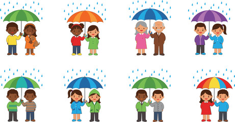 Fototapeta premium Diverse people sharing umbrellas in rain character collection
