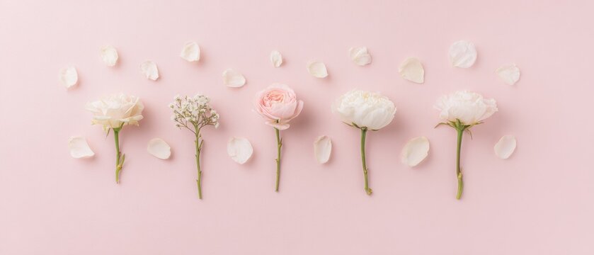 white and pale pink flowers with scattered petals on soft pink background, Wide Banner