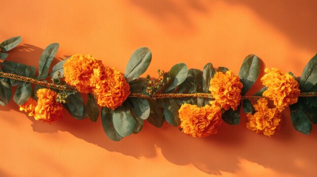 Vibrant orange marigold garland with green leaves on bright orange wall, Wide Banner