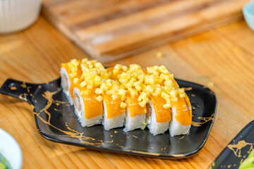 Peruvian japanese fusion maki sushi on plate © Guillermo Spelucin
