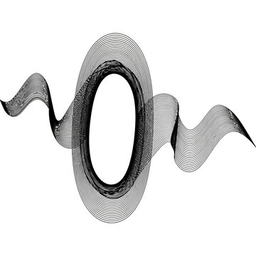 Abstract black and white artwork featuring wavy lines and a central oval shape, with a clean white background