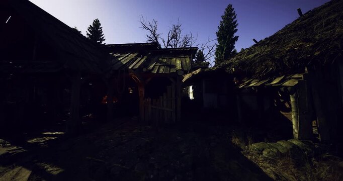 Deserted hamlet softly illuminated by dying firelight, Quiet forsaken village with smoldering hearth and shadows stretching across mosscovered paths