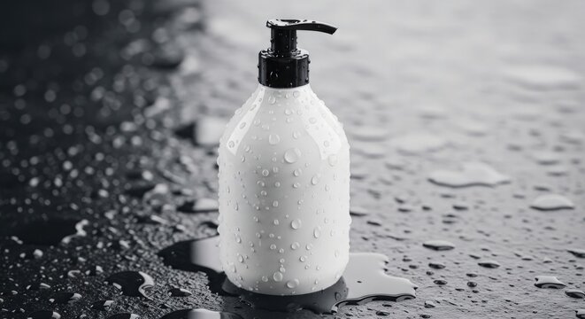 A white soap dispenser with a black pump on a wet, reflective surface with water droplets.