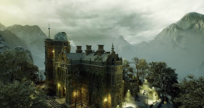 brooding battlement under alpine cloudy sky, rugged stone parapets and chimneys framed by low clouds, dramatic moody light and textured weathered surfaces