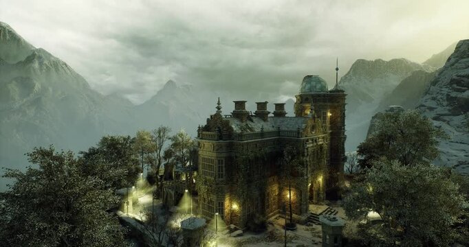 foggy mountain fortress glowing with lights, ancient stone turrets and warm windows, low clouds drifting through pine valley, cinematic moody atmosphere