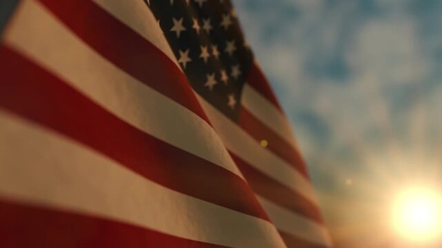 American flag waving in the sky at sunrise during memorial day celebration event