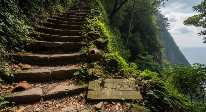 Ancient stone steps ascend a lush green mountain trail with a wooden sign in Chinese characters.