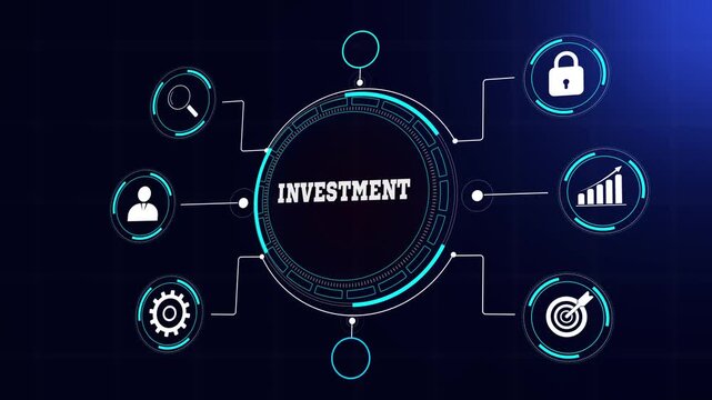 Digital wealth investment and goal achievement visualization video, glowing high tech symbols with connecting network lines, sleek motion graphics for video