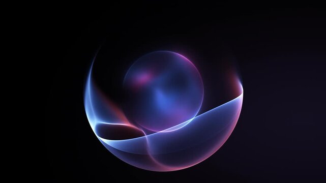 3D abstract glowing double sphere composition with inner blue core orb and outer pink violet translucent shell on dark background, futuristic energy plasma neon gradients, sci fi design, 4K 60fps loop