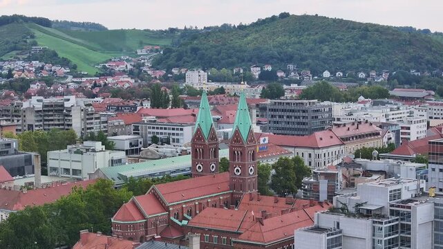 Aerial view of Franciscan church and Drava river Maribor.