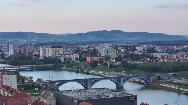 Drone shot of Maribor main square and Drava river.