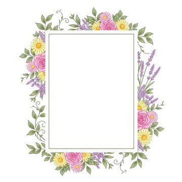 Floral border frame with pink roses yellow daisies and purple lavender leaves