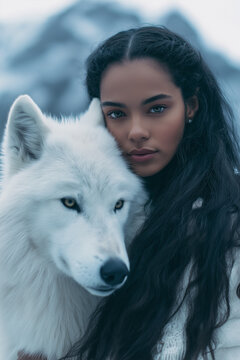 Beautiful Woman with White Wolf in Snowy Winter Portrait, Mystical and Emotional Connection