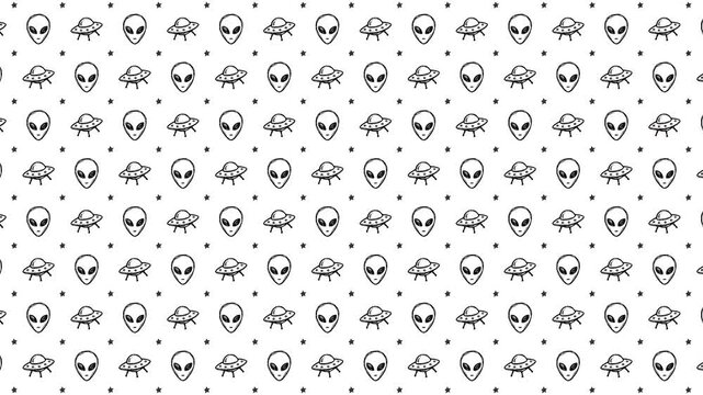 Cartoon Doodle Alien and UFO Pattern, Hand Drawn Space Icons with Glitch Animation on White Background, Motion Graphics Seamless Loop, 4K