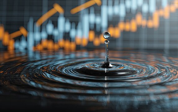 A water droplet suspended above a rippling surface creates a captivating visual metaphor for growth and financial progress, overlaid with a blurred graph.