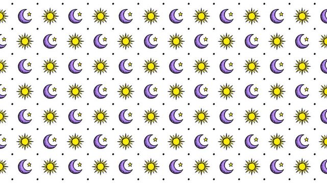 Cartoon Doodle Sun and Crescent Moon Pattern, Hand Drawn Celestial Icons Moving Right with Jelly Animation on White Background, Motion Graphics Seamless Loop, 4K