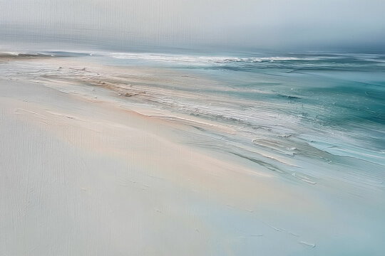 Abstract seascape painting featuring textured waves breaking on a tranquil beach under a soft, atmospheric sky
