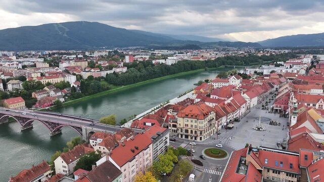 Aerial of Maribor central square urban landscape.