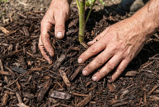 Gardener hands spreading dark wood mulch around the base of a newly planted tree sapling